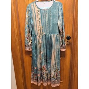 Women's Teal and floral print long-sleeved midi dress Sz XL NWT